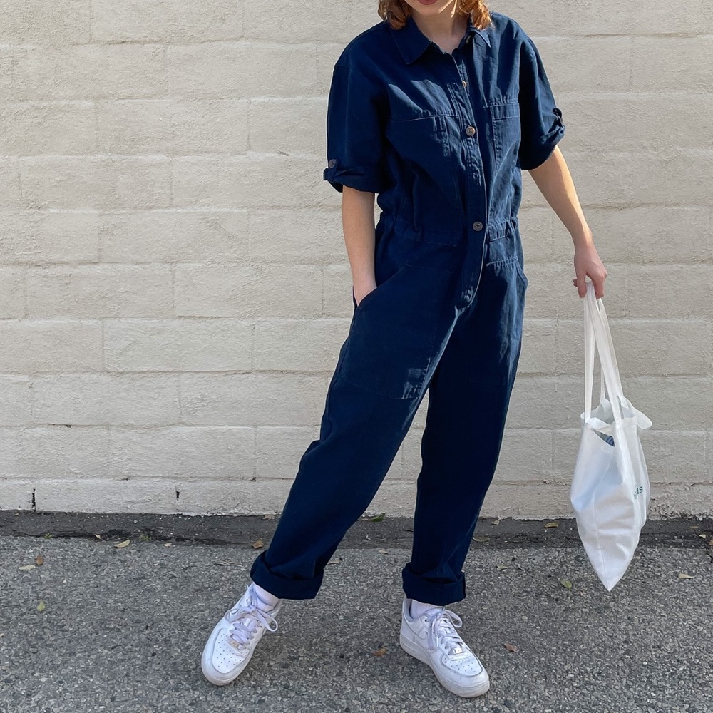 denim jumpsuit white and blue